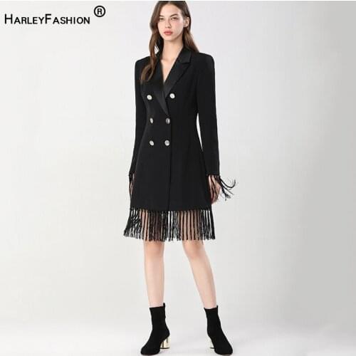 HarleyFashion Luxury Design Party Tassel Black Dress Notched Classic Style High Quality Street Slim Lady Chic Dresses