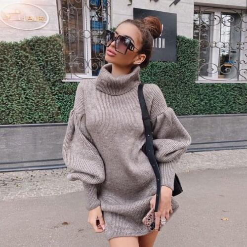 Foridol Turtleneck Lantern Sleeve Knitted Sweater Bodycon Dress Women Vintage Autumn Winter Casual Chic Short Dress 2020