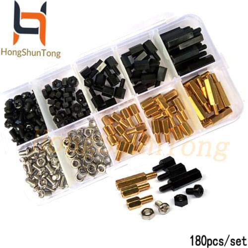 180pcs/set M3 Brass and Nylon Spacer Standoff / Screw / Nut Male Female PCB Board Screw mix Assortment Kit Black 3mm
