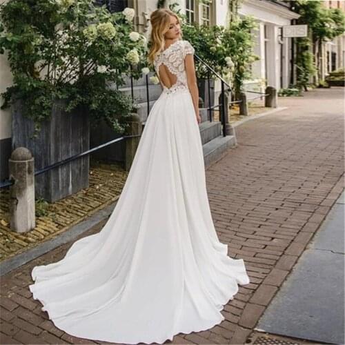 2021 Chiffon Beach Wedding Dresses Short Cap Sleeves Open Back Lace Appliques Boho Bridal Gowns Plus Size Simple Robe De Mariee