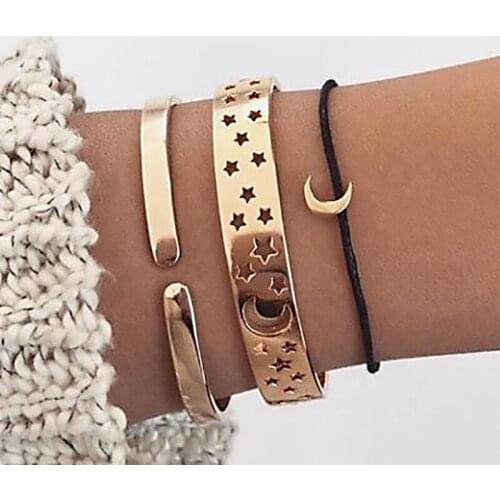 3 Pcs/Set Bohemian Retro Exquisite Hollow Stars Moon Black Rope Gold Silver Color Bracelet Set Womens Fashion Jewelry