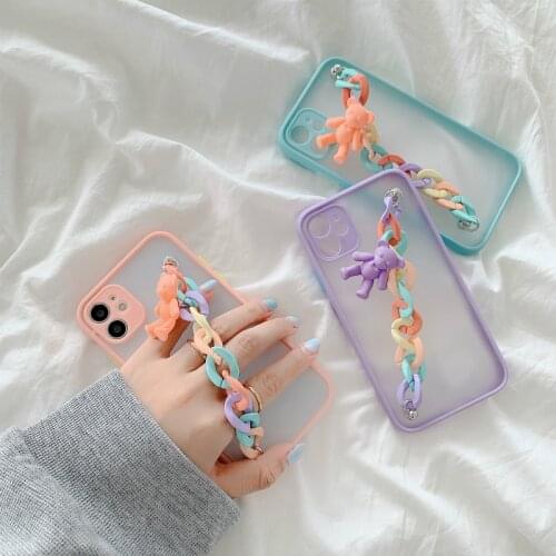 3D Cartoons Skin feel Wrist Chain Bear Transparent phone Case For iPhone 12Pro Max XS Max XR 7 8 Plus X SE 11 Chain Hanging Case