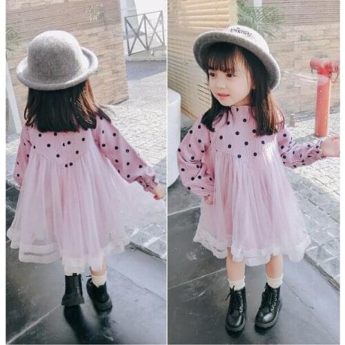 2 3 4 5 6 Y Toddler Girl Dresses Fashion Korean Polka Dot Printing Kids Clothing Long Sleeve Tutu Mesh Stitching Princess Dress
