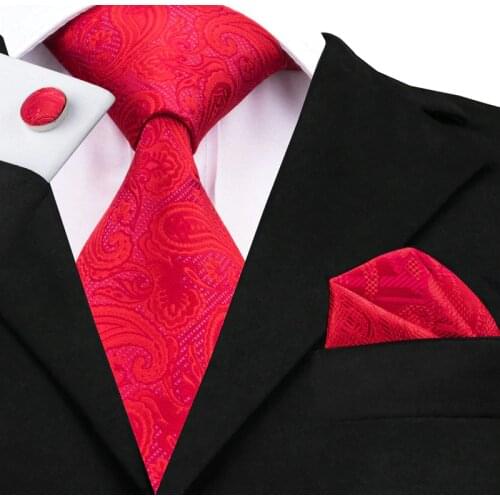 Hot Mens Tie Red Paisley Silk Jacquard Necktie Hanky Cufflink Set Casual Wedding Party Ties For Men C-293