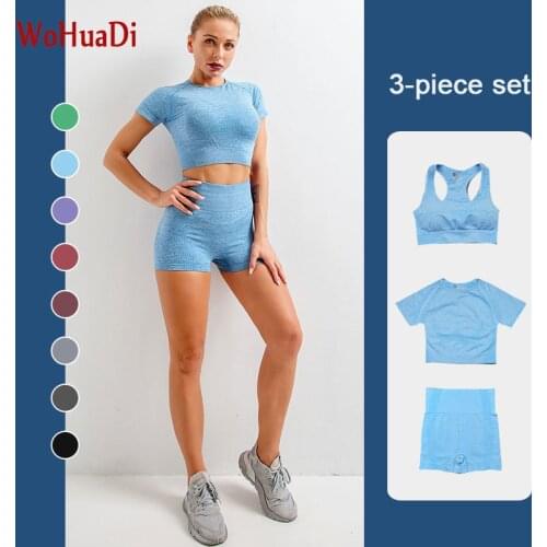 WOHUADI Seamless Yoga Set Women Fitness Sports Short Sleeve Crop Top Push up Leggings Sports Bra Gym Sportswear 2Pcs