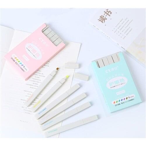 Creative 6color Eye Protection Fluorescent Pen Set Color Student Hand Account Mark Quick Drying Soft Head Fluorescent Pens