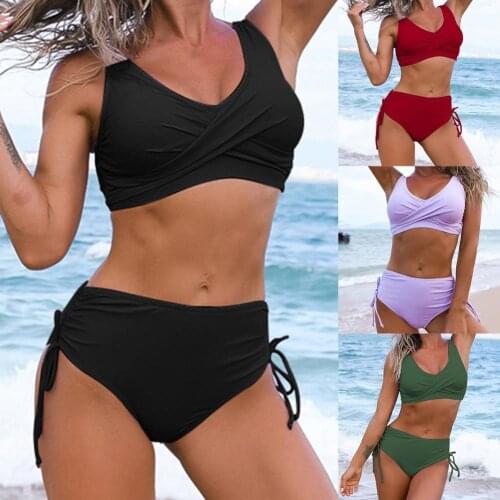 Fashion Bikini Set High Waist V-neck Solid Color Two Piece Women Unpadded Bra Panties Swimsuit Bathing Suit for Swimming