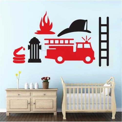 Kids Playroom Decoration Fire Truck Set Wall Stickers Firemen Equipment Vinyl Wall Decal Cartoon Fire Truck Car Adhesive Mural