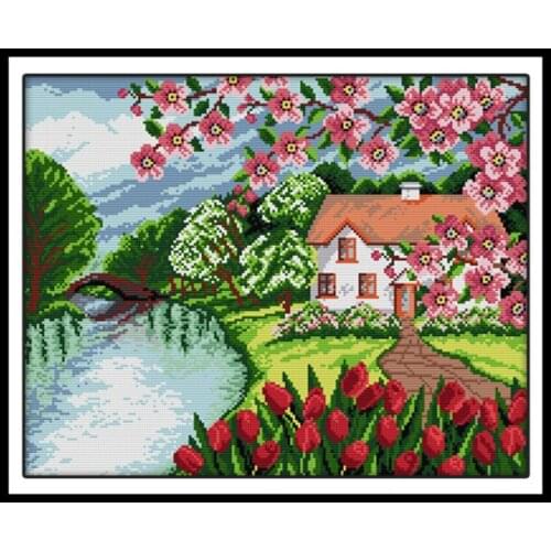 Cabin with The Fragrance of Flowers DIY Needlework Cross Stitch Kit 14ct 11ct Printed on Canvas Embroidery Crossing Stitch Sets