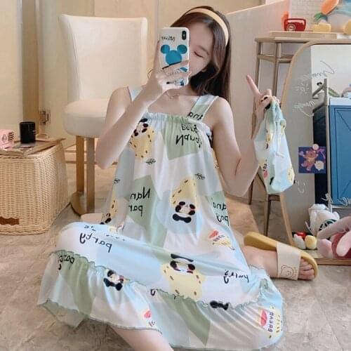 2021 Summer Spaghetti Strap Sexy Lingerie Nightgowns Women Cute Cartoon panda Sleepwear Home Dress Nightdress Night Dress Nighty