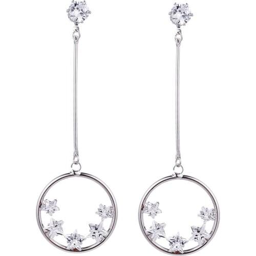 New Dangle Hanging Long Zircon Gem Stone Silver Plated Circle Star Earrings Ear Stud For Female Wedding Jewelry Party Hot Gifts