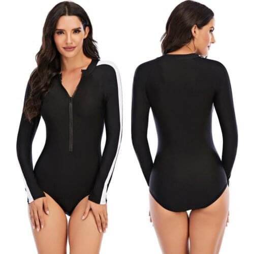 Sexy Women One piece Stripes Zipper Surfing Suit Sunscreen Swimsuit High Waist Bikini Swimwear Long-sleeved Beachwear Swimming
