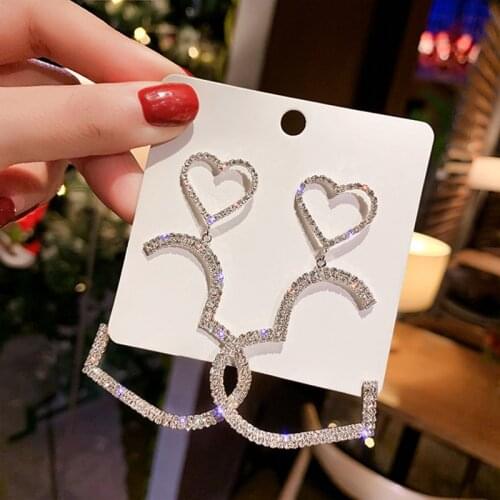 European and American exaggerated fashion crystal double heart earrings simple wild long ladies dangle earrings jewelry