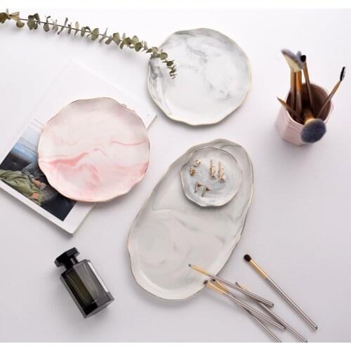 Nordic Home Desktop Decoration Marble Stripe Lotus Ceramic Dessert Plate Porcelain Storage Trinket Ring Dish Plate For Earrings