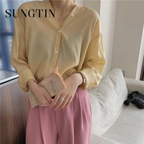 Sungtin Vintage Thin Lady V Neck Blouse Shirt Women Loose Solid Shirts 6 Colors Oversized Korean Chic Casual Sweet Kawaii Female