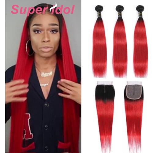 Super Brazilian Straight Hair Weave 3/4 Bundles With Closure Blonde 1B/Red Remy Ombre Human Hair Bundles With T Lace Closure