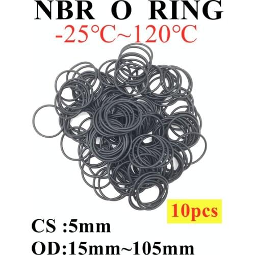 10pcs NBR O Ring Seal Gasket CS 5mm OD 15~105mm Nitrile Butadiene Rubber Spacer Oil Resistance Washer Round Shape Black