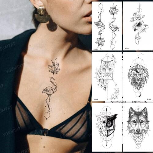 Waterproof Temporary Tattoo Sticker Flower Flamingo Linear Geometric Animal Black Tatoo Chest Fake Tattoos Man Woman Child Tatto