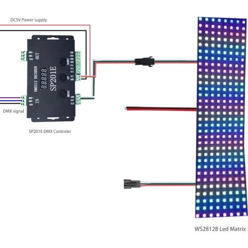 WS2811 WS2812 DMX to SPI Led Controller Decoder and WS2812B led Matrix Panel SP201E 5 Channel DMX 512 RGB WW Decoder Controller