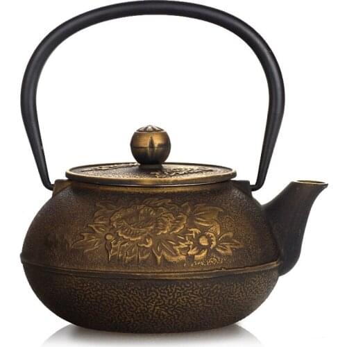 Japanese Kongfu tea pot peony golden old cast iron pot uncoated liner teapot with strainer water kettle drinkware 0.9L