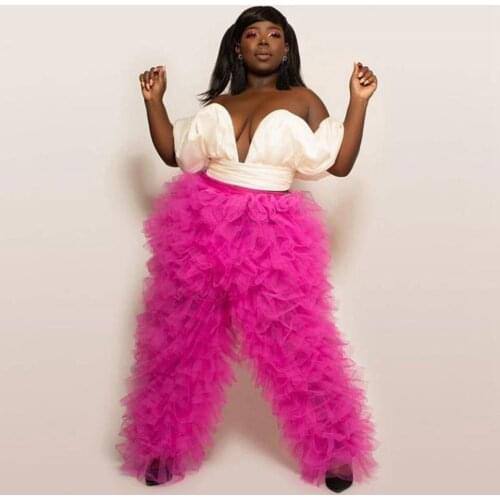 Ropa mujer Mall Goth Hot Pink Layered Tulle Pants Women Puffy High Waist Elastic Pants Long Puffy
