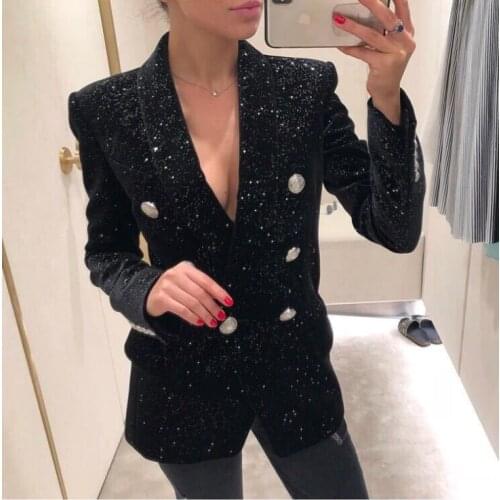 Womens Velvet Small Suit Jacket Autumn/Winter Fashion Tops Starry Sequins Work Office Clothing Waist Strong Female Unique Coat
