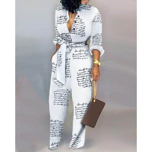 2021 Women Elegant Fashion Stylish Club Jumpsuit White Long Sleeve Party Jumpsuit V-Neck Letter Print Casual Knotted Jumpsuit