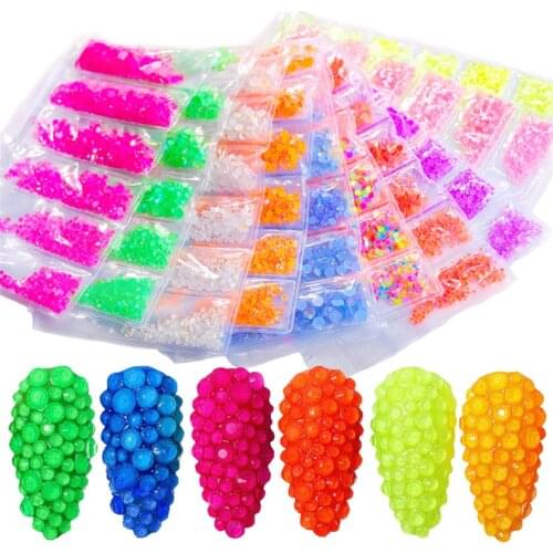 Nail Fluorescence rhinestone Multi-Slice Flat-Bottomed Diamond 6 SS6-SS20 Mixed Size 850pcs Luminous Glitter Nail Rhinestone