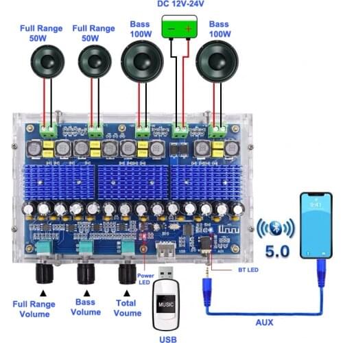 2*50W + 2*100W TPA3116D2 Bluetooth 5.0 Amplifier Board Digital Subwoofer 4 Channels TPA3116 Class D amplificador AMP