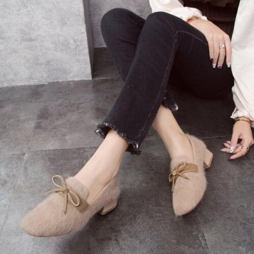 2020 Winter New Low-heeled Loafers Fashion Suede Wild Bow Casual Womens Slippers Commute Plus Velvet Cute Shallow Shoes B22-06