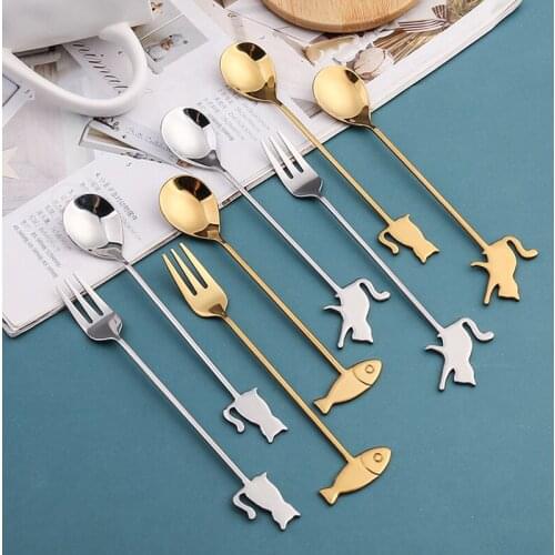 8Pcs Dessert Spoon Fork Creative Spoon Fruit Fork Stainless Steel Tableware Set Cartoon Cat Cute Japanese Coffee Stirring Spoon