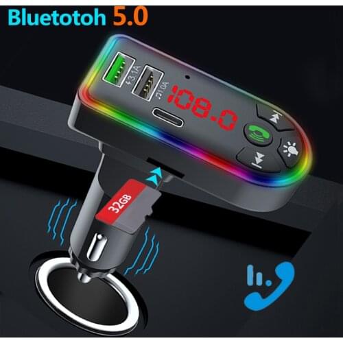 JINSERTA Handsfree Bluetooth 5.0 FM Transmitter In-Car Modulator 7-color Atmosphere Light Type-C Car Charger 2 USB Ports