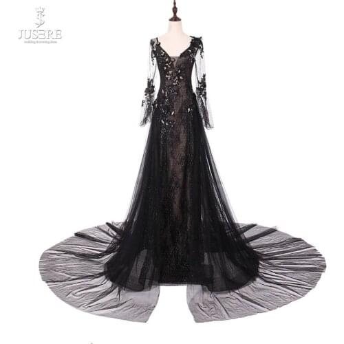 JUSERE Black Prom Dress Lace Appliques Beaded A-Line Sleeve Illusion Sweep Train Long Prom Dress Party Dress 2019 GY526
