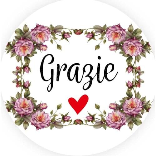 DouxArt 100pcs Stickers Labels Grazie Heart - 40mm Garland Wedding Favors Communion Baptism Invite Gift Labels Seals V1166