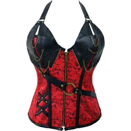 Sexy Red Mature Corset Steampunk Gothic Clothing Leather Patchwork Womans Corsets Underbust Zipper Steel Bone Waist Corset Top