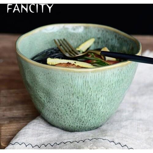 FANCITY Creative kiln glaze irregular ceramic tableware water heart green peacock glaze pattern instant noodle bowl fruit salad