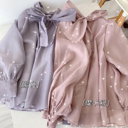Kuzuwata Stand Collar Voile Chiffon Patchwork Women Blouse Spring New Japan Style Sweet Shirts Puff Sleeve Drawstring Blusas