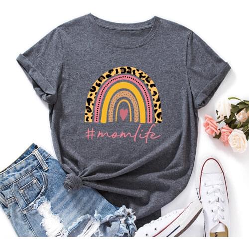Mom Life Rainbow Print Summer Cotton Tshirt Tops for Women Short Sleeve Graphic Tee Top Shirts Female Clothes Mama Birthday Gift