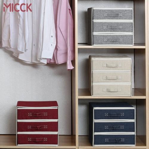 MICCK Underwear Storage Boxes Bra Socks Panties Cotton Linen Separated Dormitory Closet Organizer 3 Grids With Cover Save Space