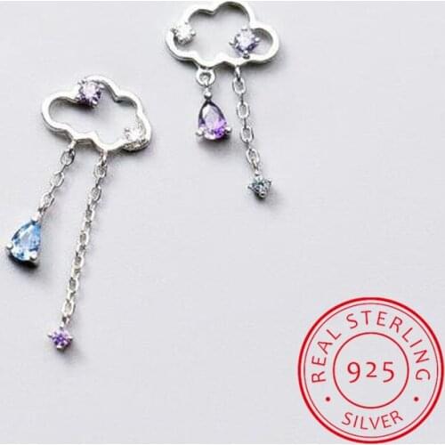 Cute Mini Cloud Asymmetrical Hollow Zirconia Tassel 925 Sterling Silver Fashion Female Dangle Earrings SEA534