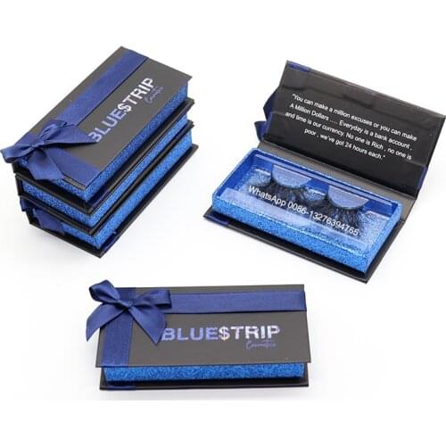 New Blue Ribbon Bow Eyelash Case Wholesale 25MM Mink Eyelashes Vendor Custom Lashbox Packaging Box With Logo Free Lash Tray