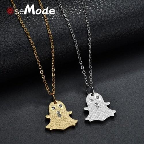 ELSEMODE Tiny Ghost Pendant Necklaces Rhinestone Stainless Steel Sweater Necklace For Children Collier Birthday Christmas Gifts
