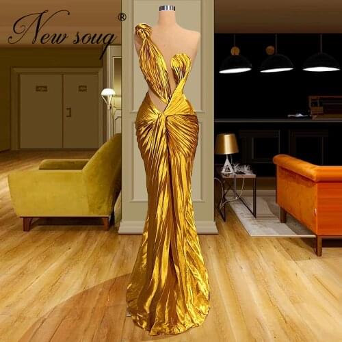 Saudi Arabia Formal Party Dress Gold Fabric 2020 Newest Cut-out Evening Dresses Mermaid Long Dubai Moroccan Prom Dresses Vestido