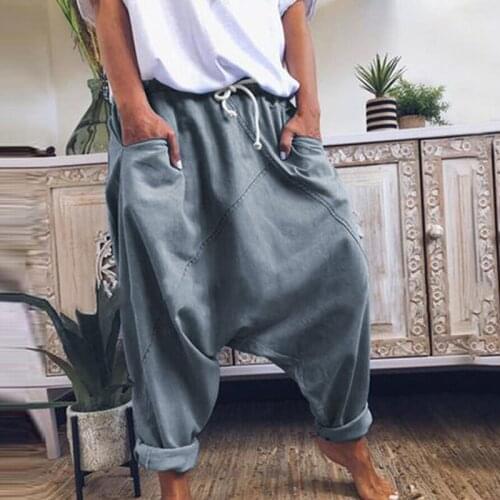 Casual Loose Harem Pants Women Boho Mid Waist Trousers Women Solid Check Pants Baggy Wide Leg Capris