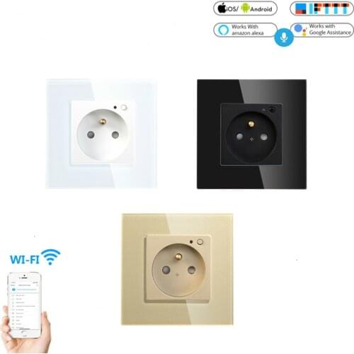 WiFi Smart Wall 16A Socket Outlet Glass Panel French Smart Life/Tuya Remote Control,Works with Amazon Echo Alexa Google Home