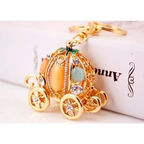 Rhinestone Jewelry Sweet Pumpkin Carriage Crystal Personality Cute Keychain For Women Keyring Handbag Chram Key Holder Wholesale