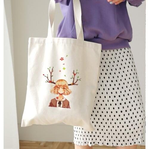 Women Foldable Shoppper Bag Canvas Cartoon Deer Printed Shoulder Bags Totes Kawaii Anime Beach Bags Japanese Girls School Bags