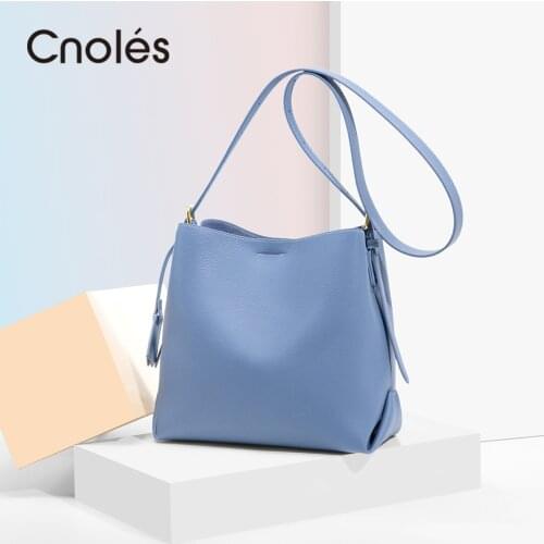 Cnoles Genuine Leather Shoulder Bag Womens Luxury Handbags Blue Fashion Crossbody Bags for Women Female Totes Bag
