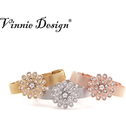 Vinnie Design Jewelry Stainless Steel Mesh Bracelet Set with Big Size Full Crystal Flower Slide Charms