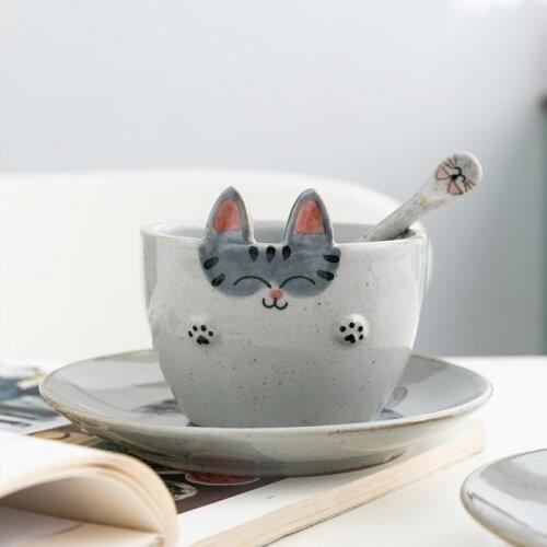 Japanese Cute Modern Pottery Cup Saucer Creativity Cartoons Reuseable Coffee Cup Handmade Eco Friendly Canecas Drinkware EK50BD